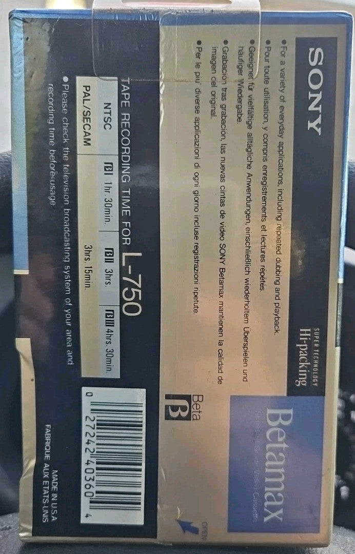 Sony Betamax L-750 Blank Recordable Beta Tape 'Hi-Packing' Sealed New 222 meters