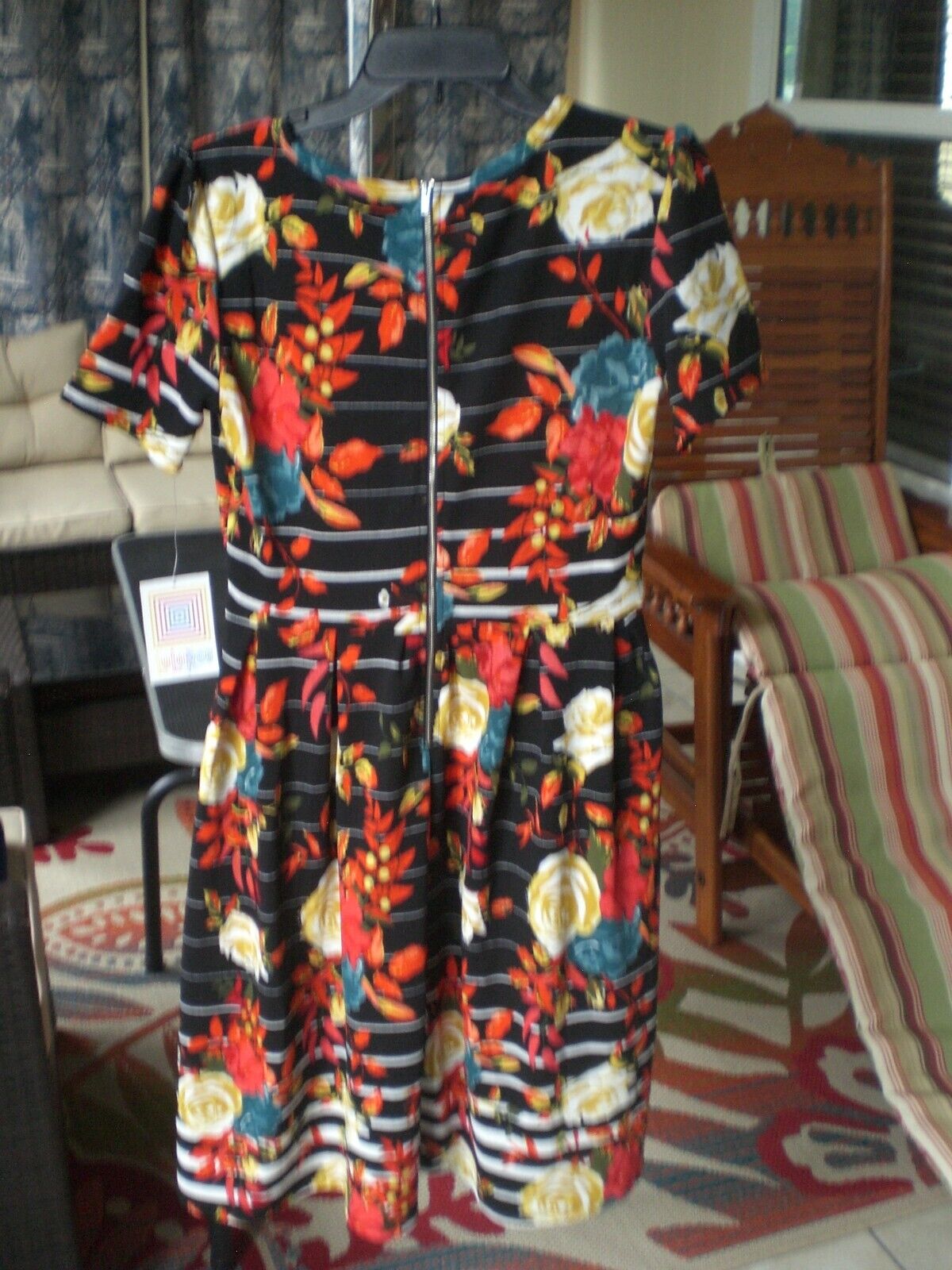 NWT LuLaRoe Amelia Dress Black White Stripes with Multicolor Florals MEDIUM