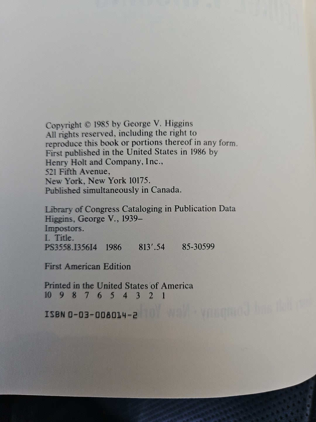 Imposters by George Higgins (1986, Hardcover)