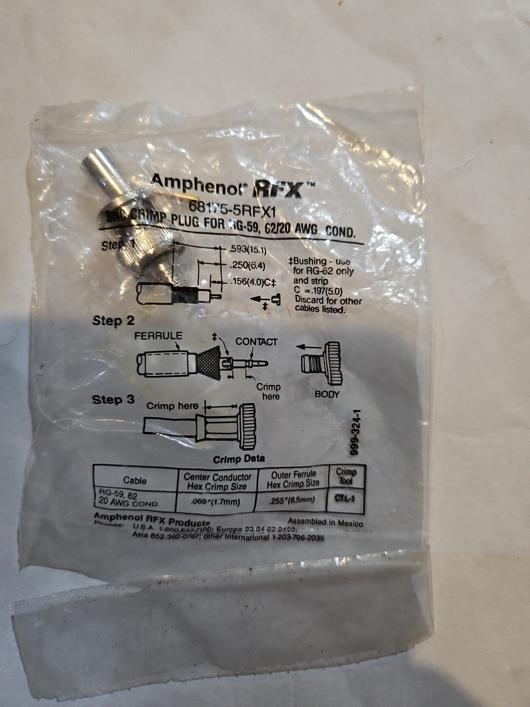 Amphenol RFX 68175-5RFX1 BNC Crimp Connector For RG59