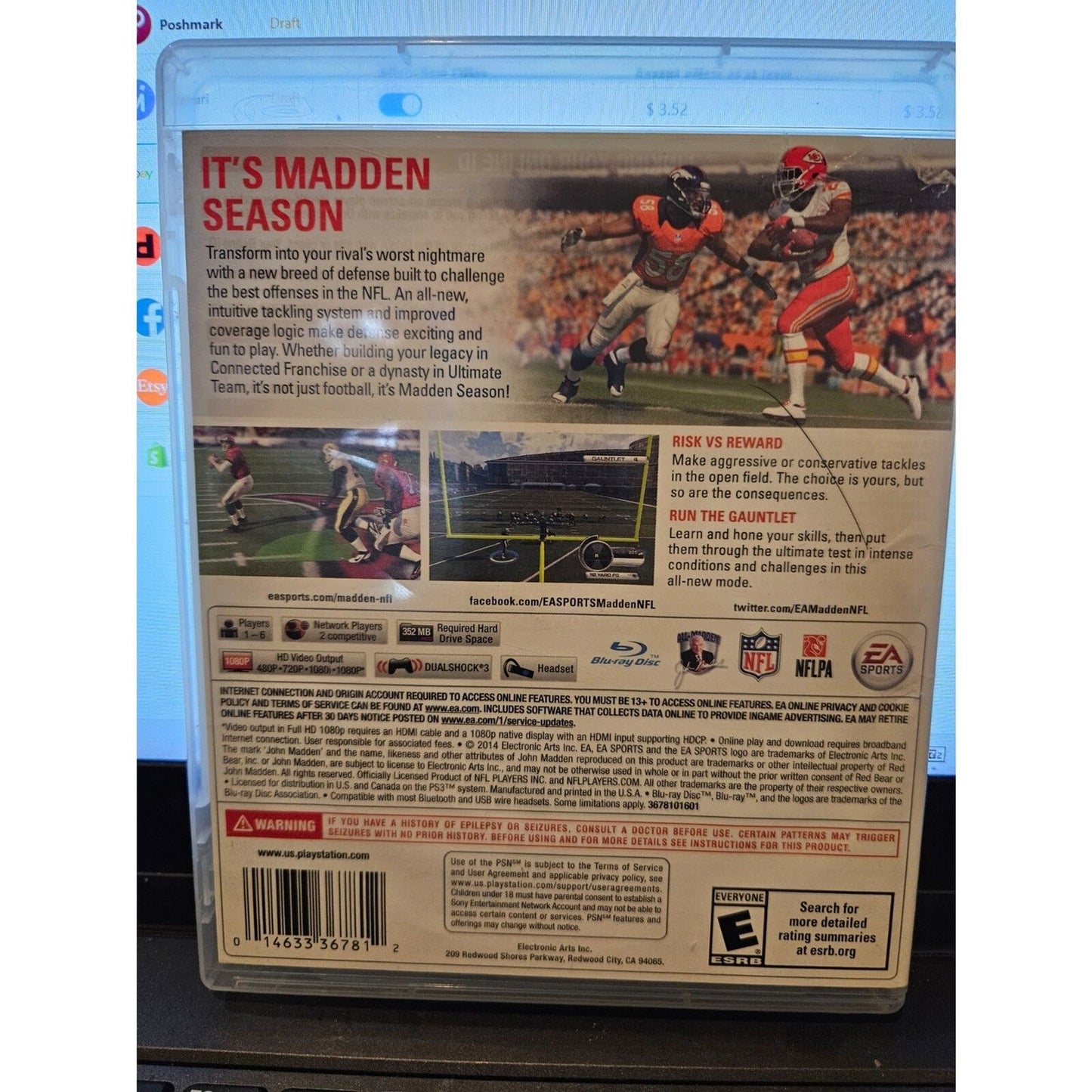 Madden NFL 15 (PS3). Worn Coverart. Tested. New Case. Tested. No scratches.