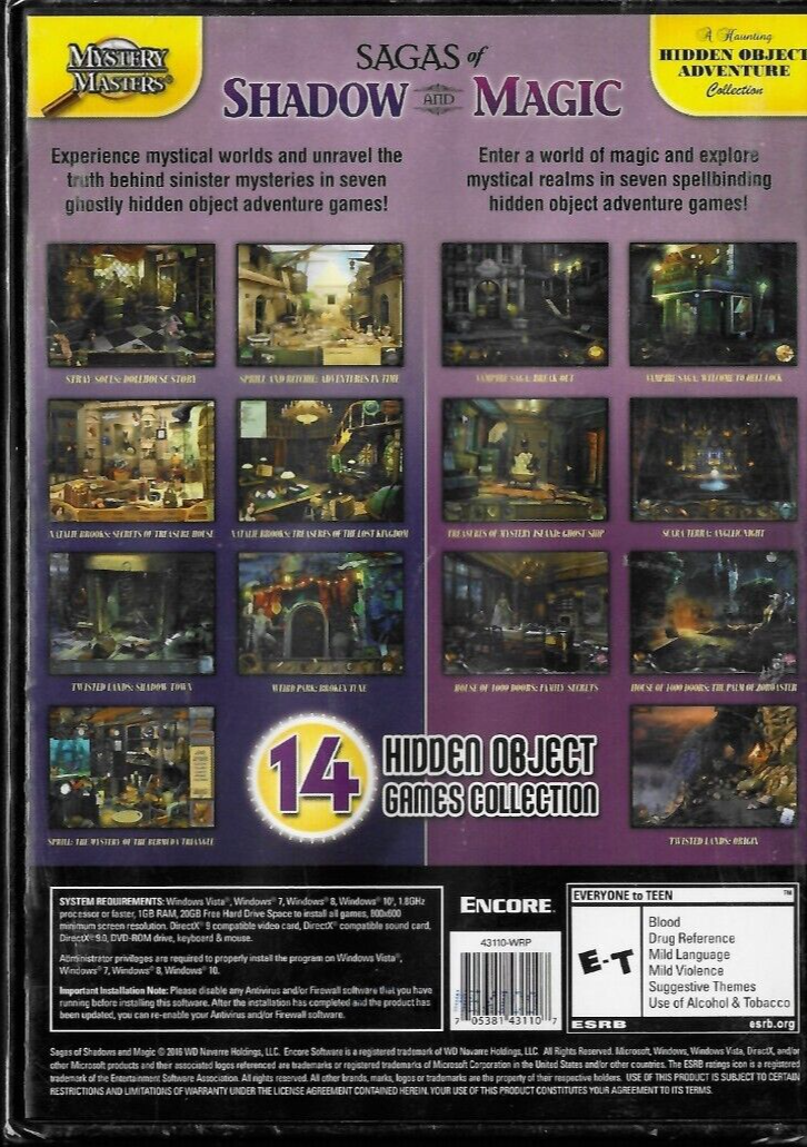 Encore Mystery Masters Sagas Of Shadow & Magic PC DVD Video Game