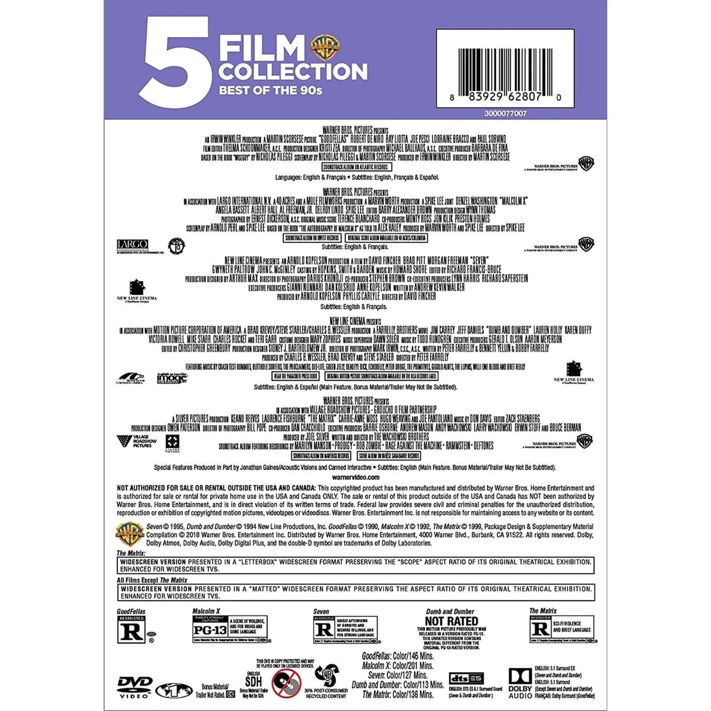 5 Movies DVD - Goodfellas / Malcom X / Seven / Dumb & Dumber / Matrix (New)