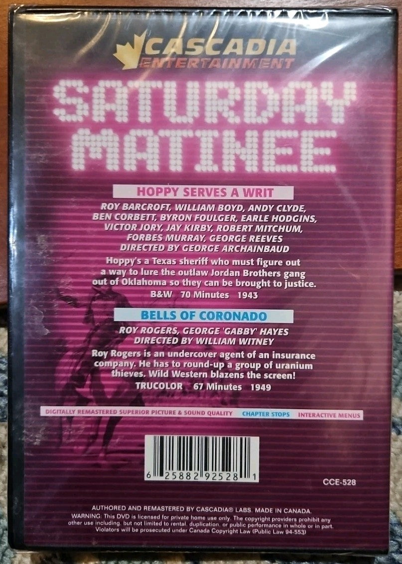 Saturday Matinee - Hoppy Serves a Writ / Bells of Coronado (DVD) New Sealed