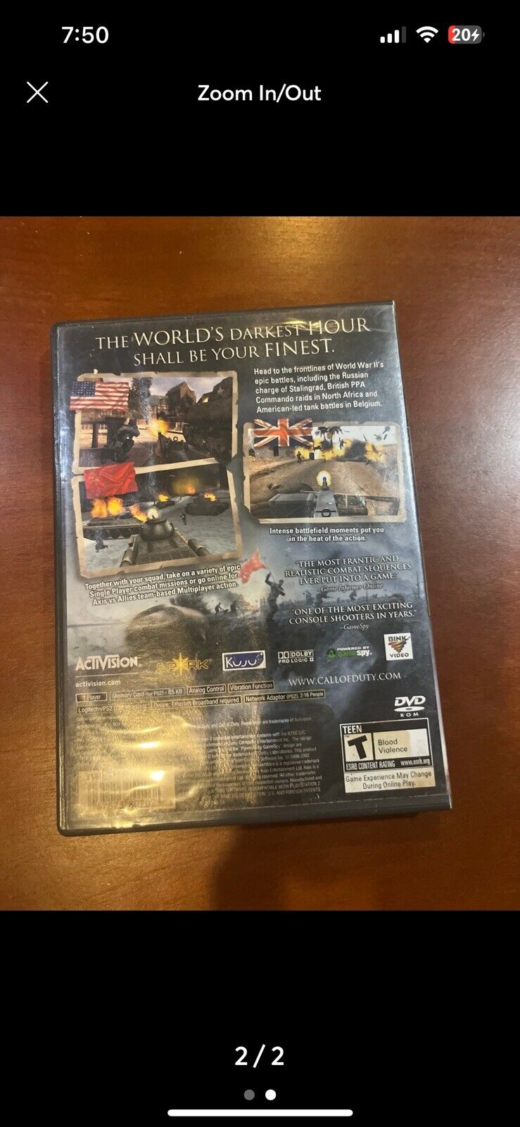 Call of Duty: Finest Hour (PS2) Water Damaged Artwork. Tested. New Case