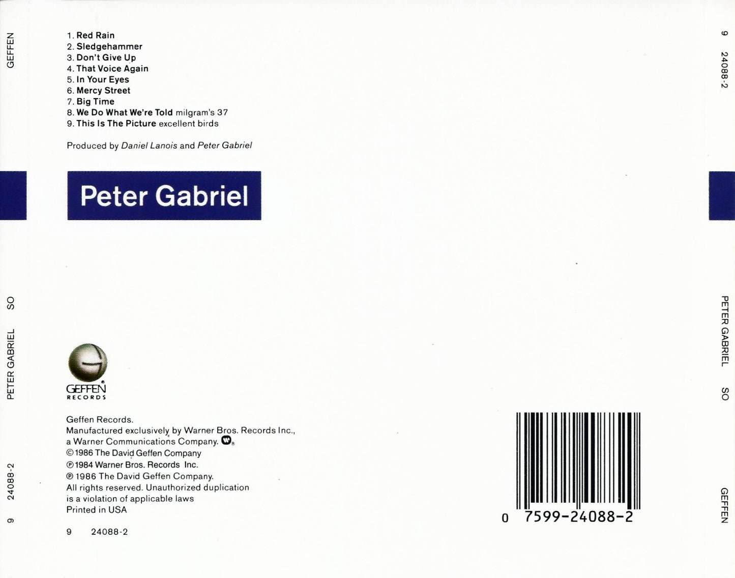So by Peter Gabriel CD, 1986, Geffen Records, UPC 07599240882