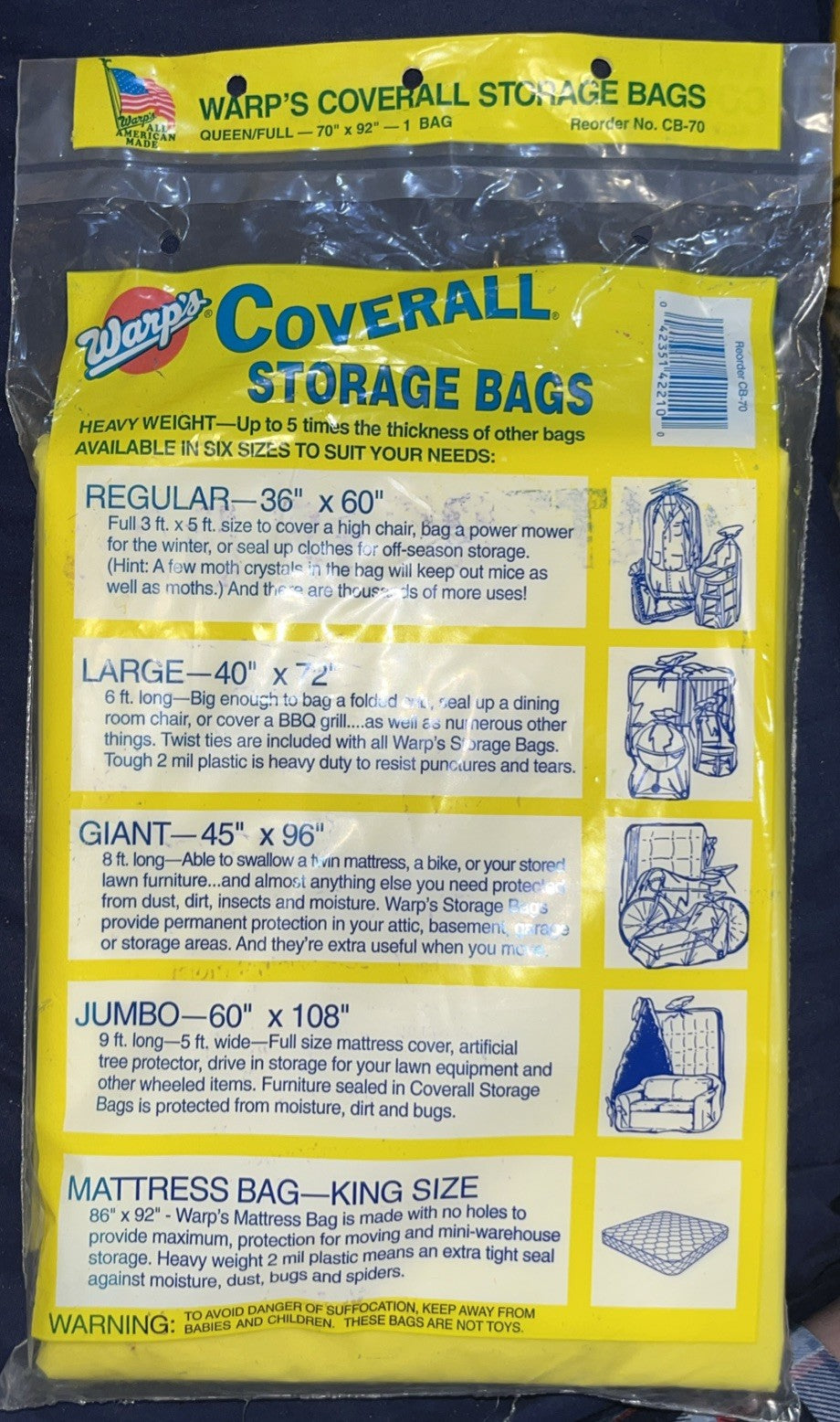 Warp's Coverall Heavy Weight Queen/Full Size Mattress Bag CB-86 70x92 USA