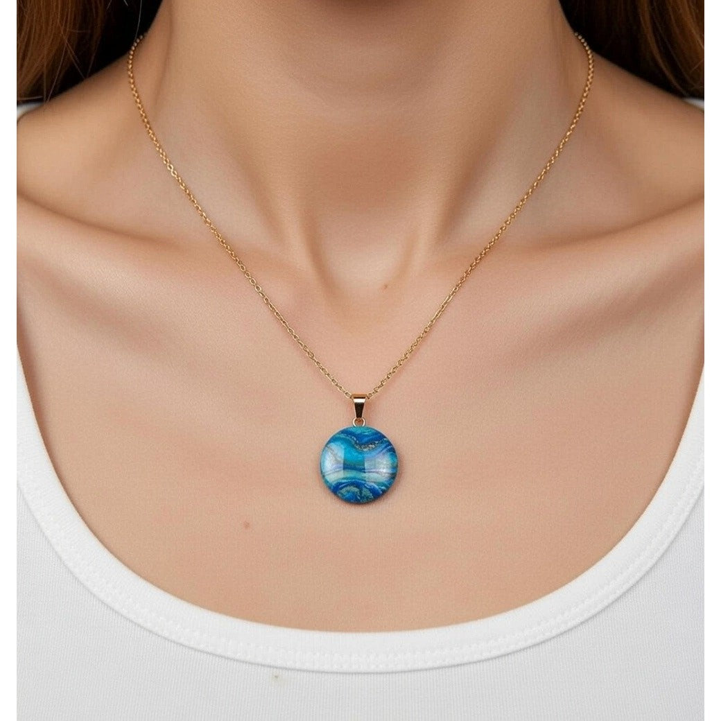 Genuine Sea Blue Jasper Coin Pendant Tested 18" Gold Plated Necklace