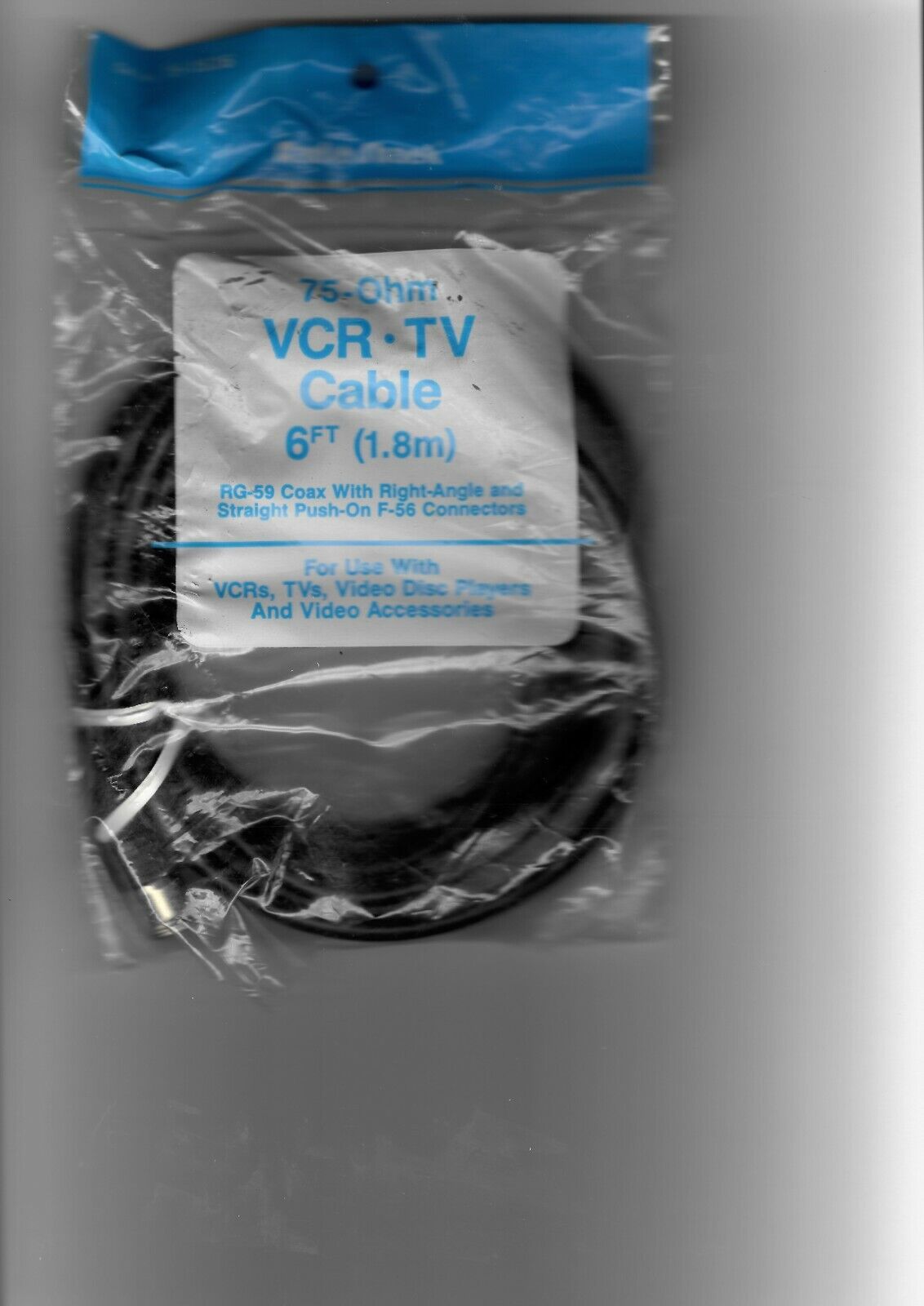 Radio Shack 75-Ohm VCR-TV Cable 6ft 1.8m RG-59 Coaxial w/ Right Angle