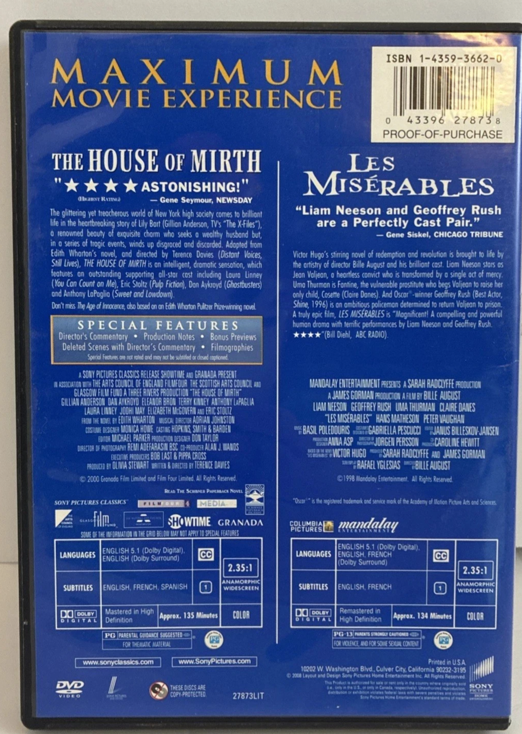 House of Mirth & Les Miserables (1998) (Two-pack), DVD Widescreen, Subtitled, NT