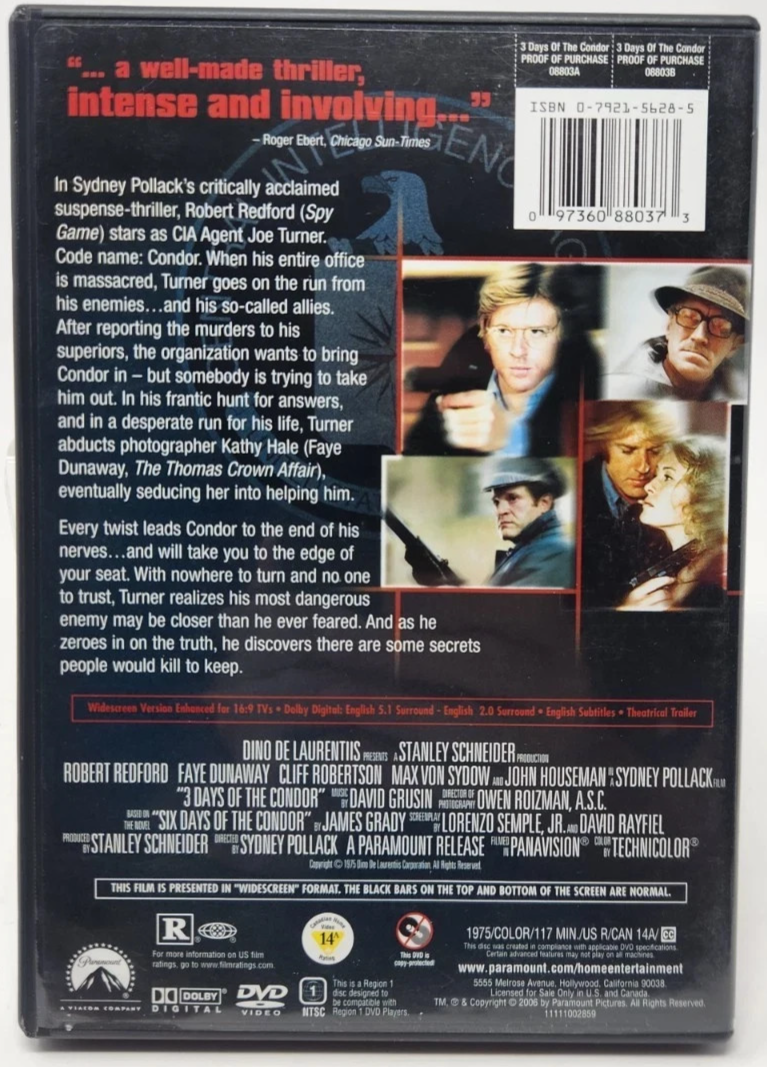 3 Days of the Condor (DVD) New Case. Tested