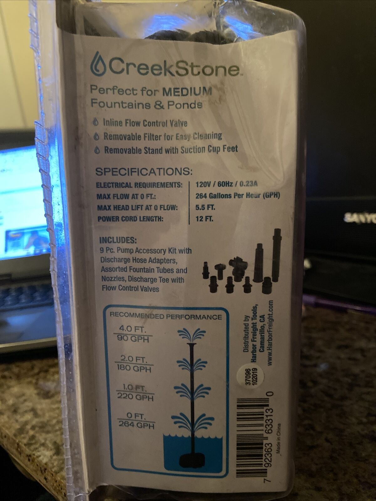 Creek Stone 264 GPH SUBMERSIBLE FOUNTAIN POND PUMP 63313 Never Used, Open Box