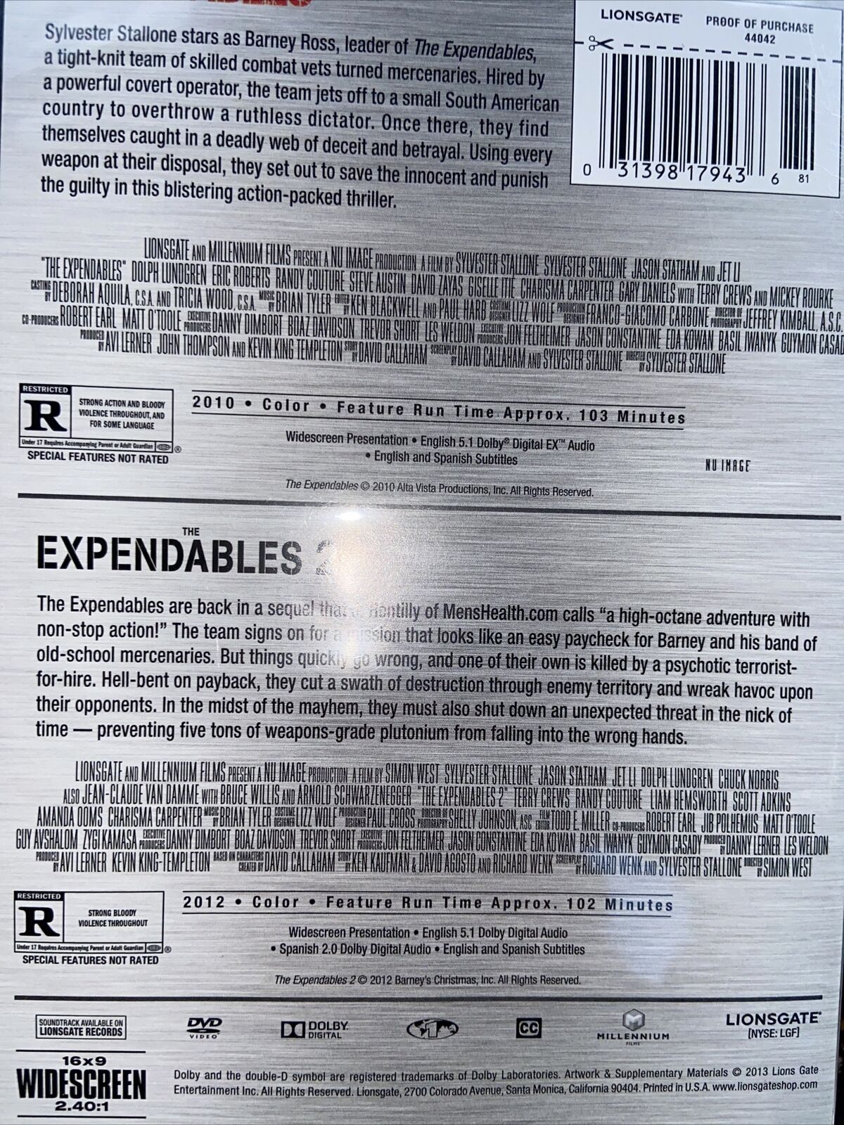 The Expendables Double Feature 1 and 2 (DVD, 2013, Two-Disc Set) WideScreen