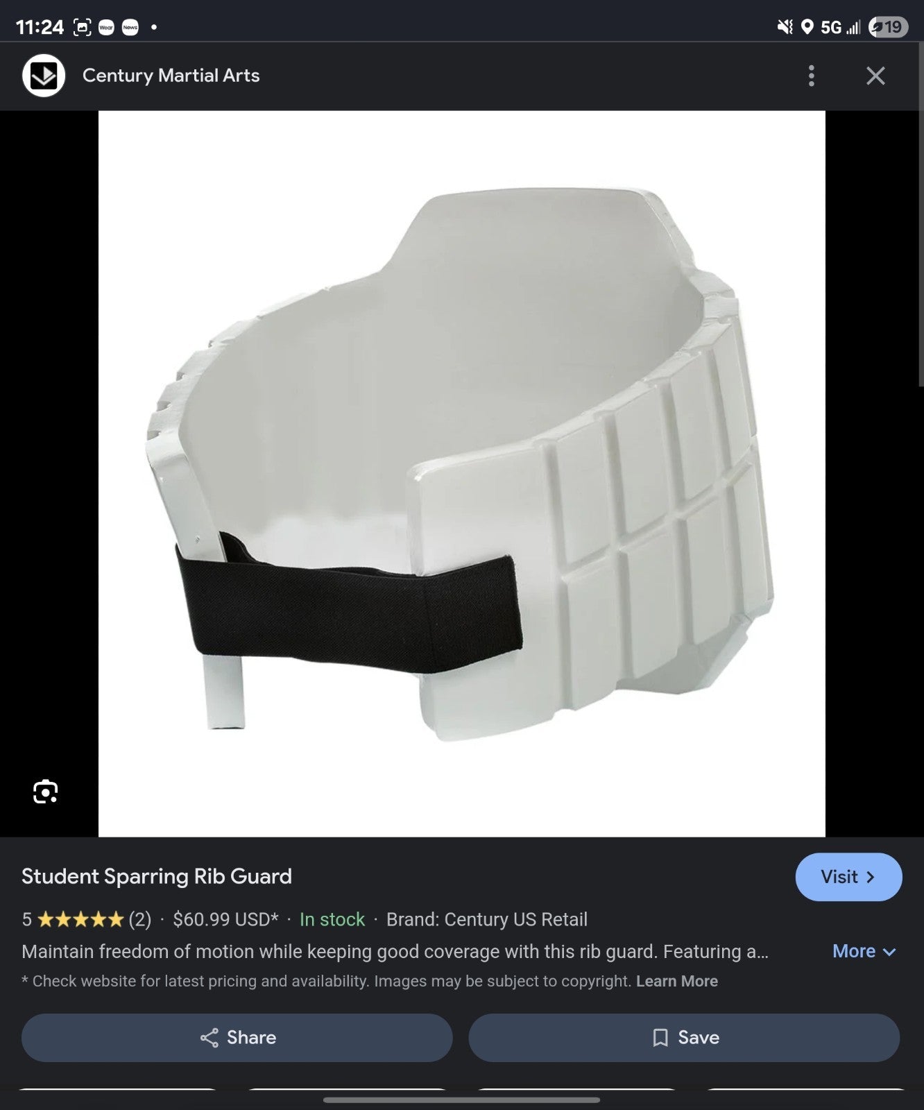 Century Student Sparring Rib Guard Size Youth White