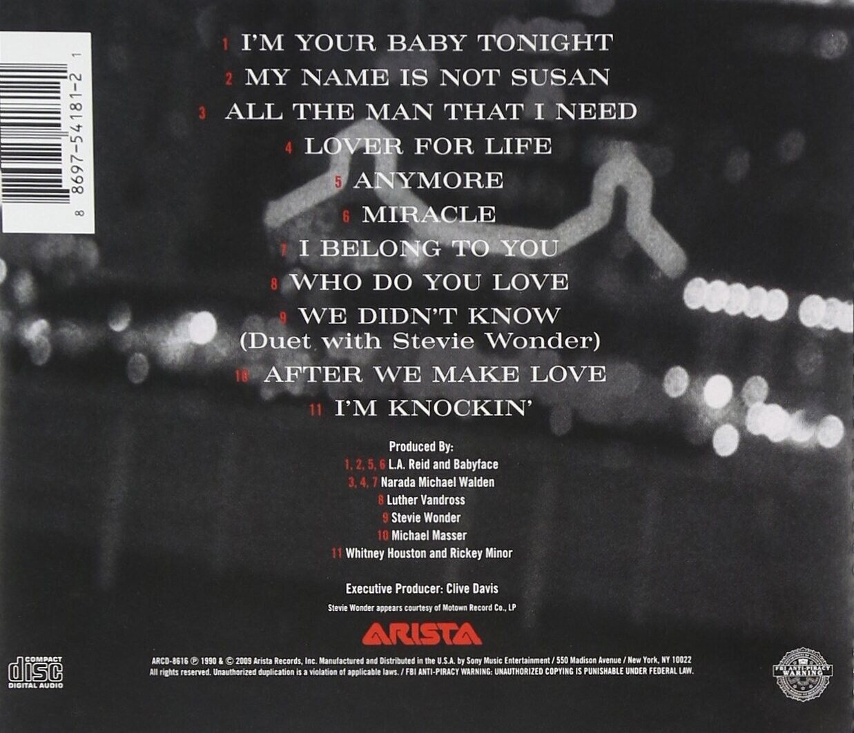 I'M YOUR BABY TONIGHT by Whitney Houston 1990 CD ARISTA ARCD-8616 7822186162