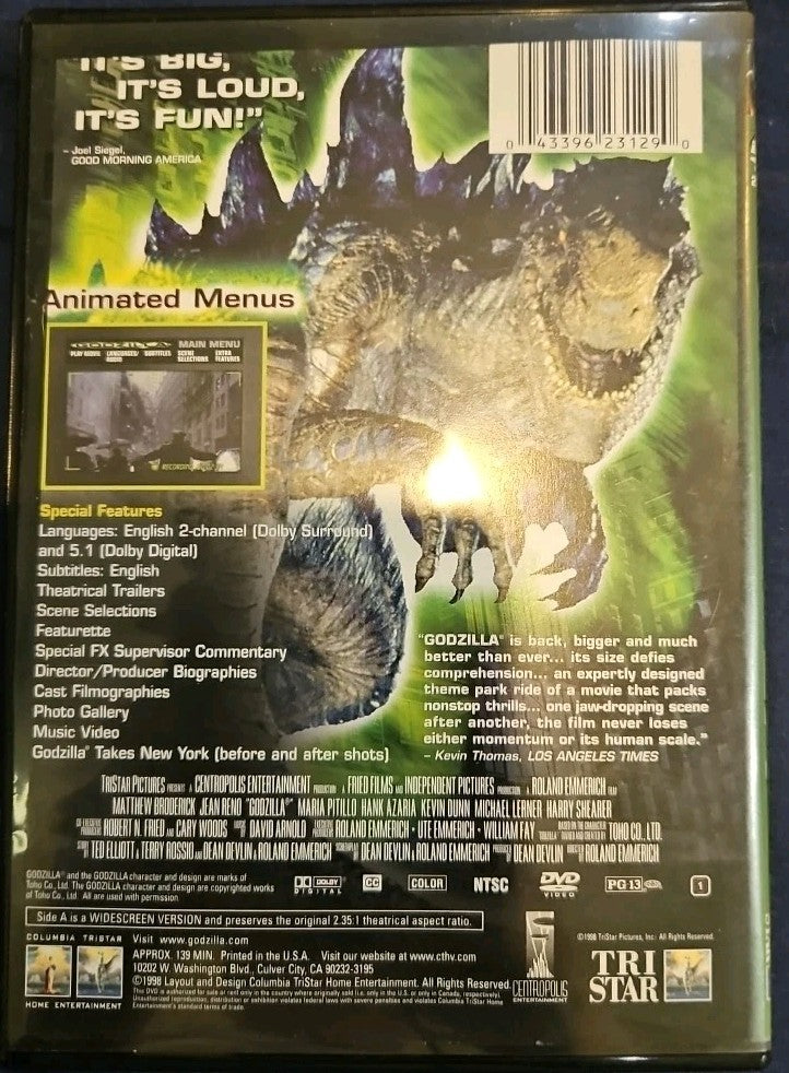 Godzilla (DVD, 1998) Slim Case. Cropped Artwork. Tested