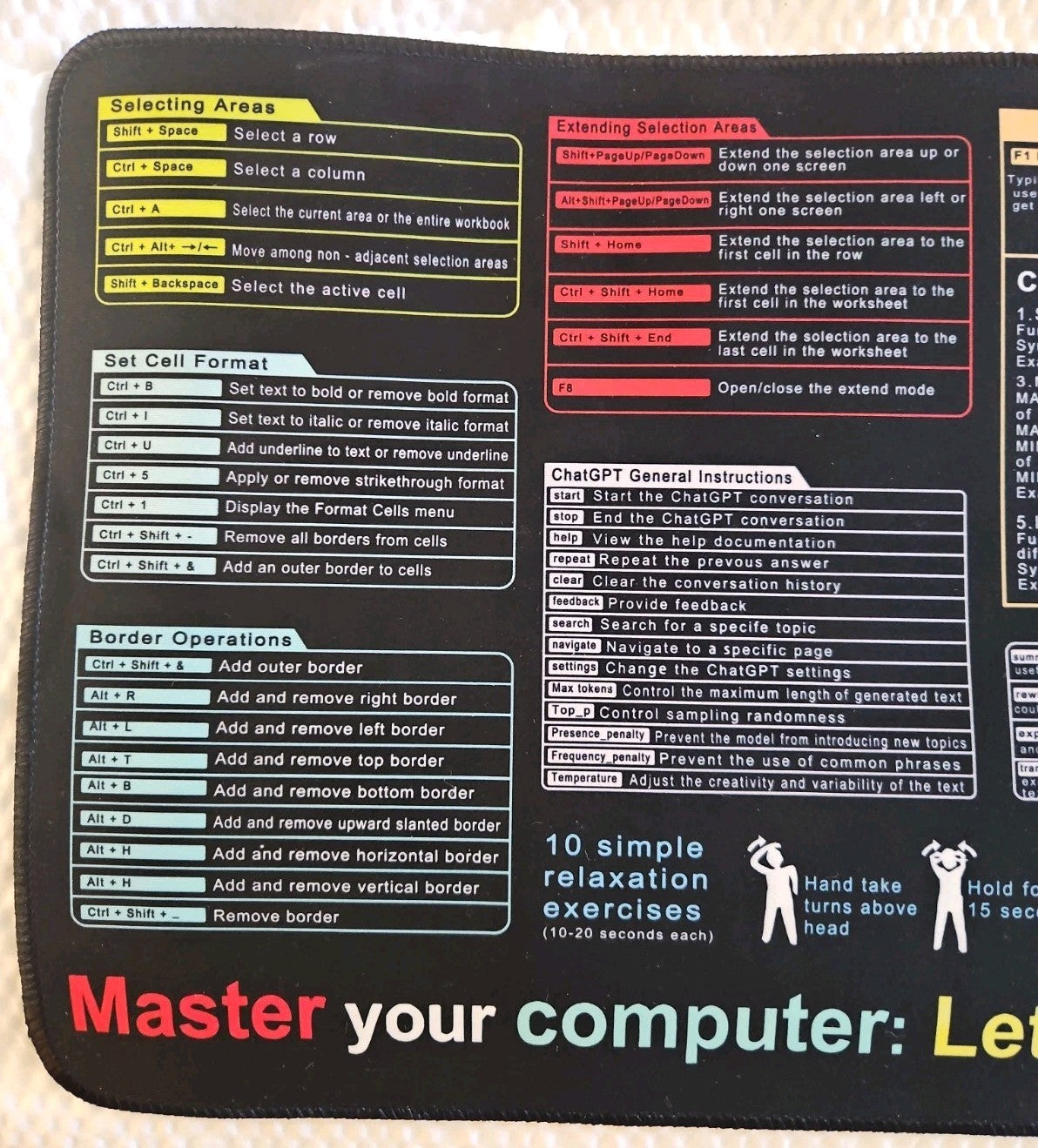 Computer Keyboard Combinations Desk Pad Excel/Chatgpt