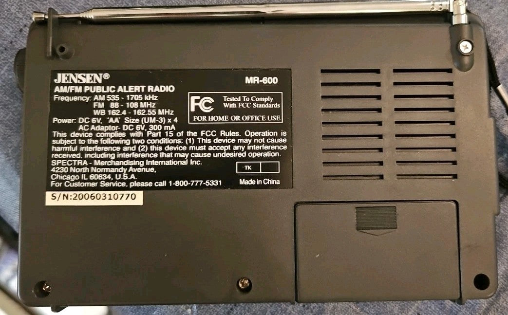 Jensen MR-600 AM/FM/WB Radio Receiver NOAA Storm Public Alerts Compact Portable