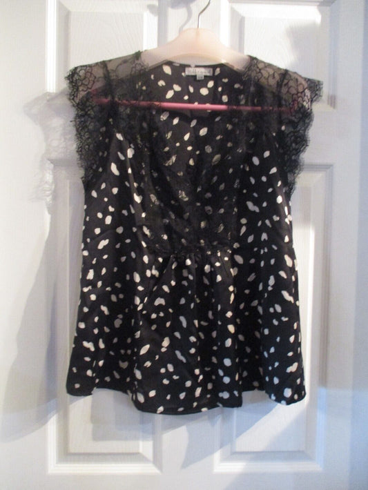 Wishlist Apparel S/M Black & Cream Spot Blouse with Lace Cap Sleeve & Neck NEW
