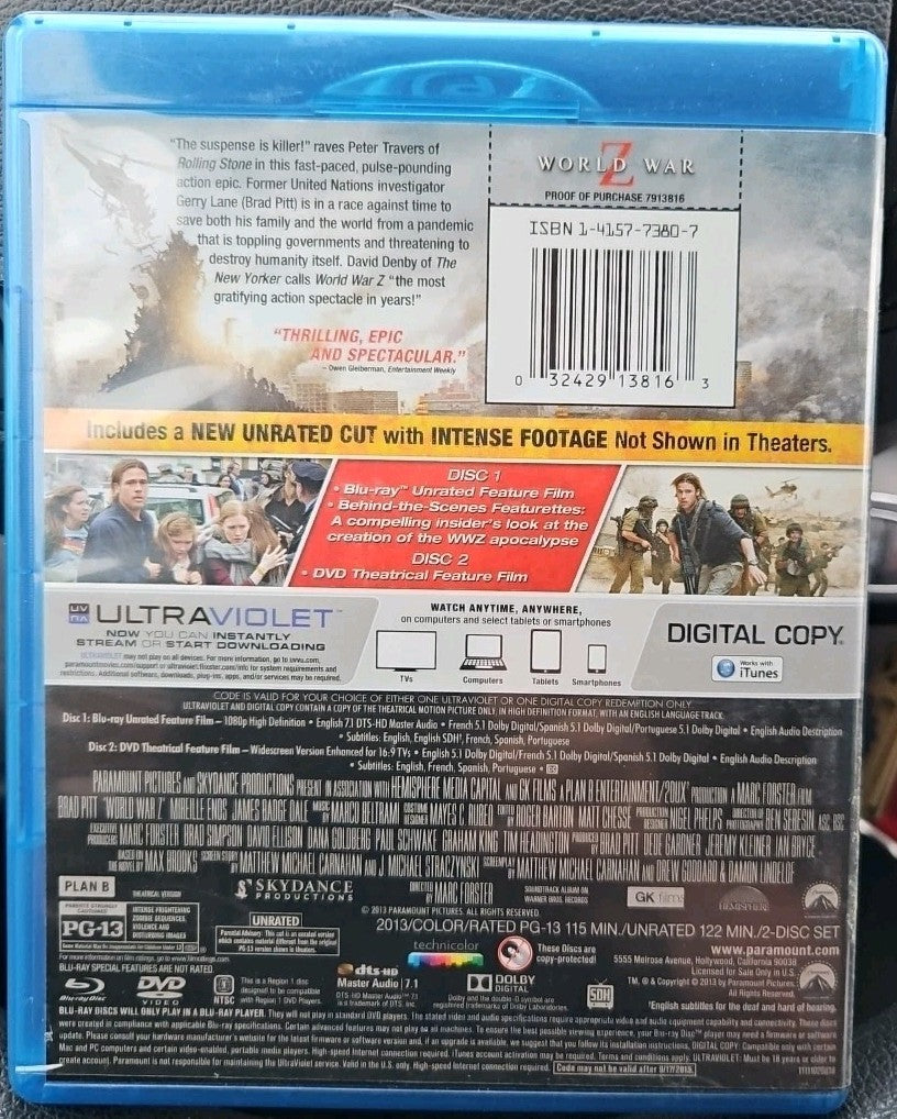 World War Z (Blu-ray, 2013) Sealed. No Digital Download