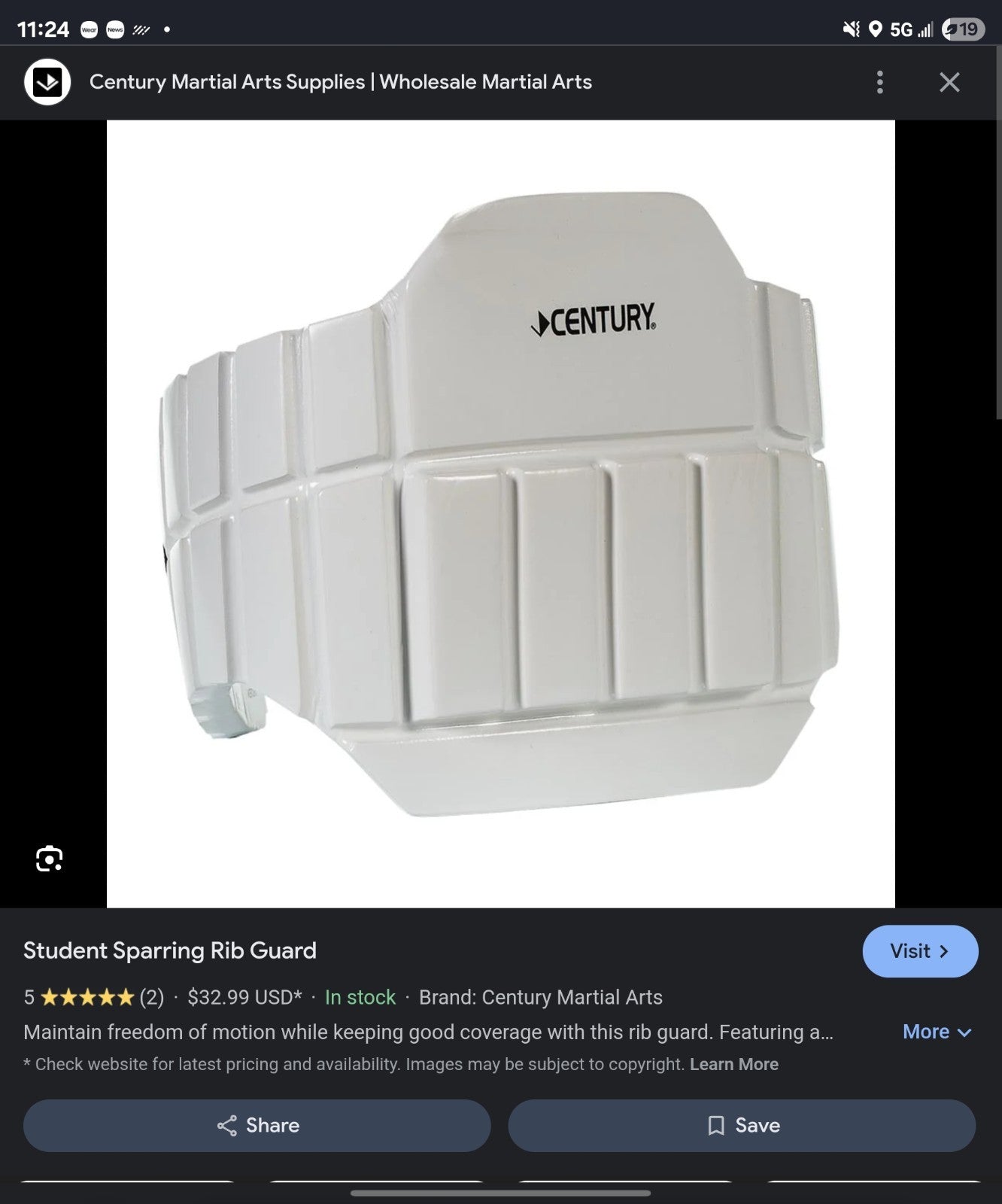 Century Student Sparring Rib Guard Size Youth White