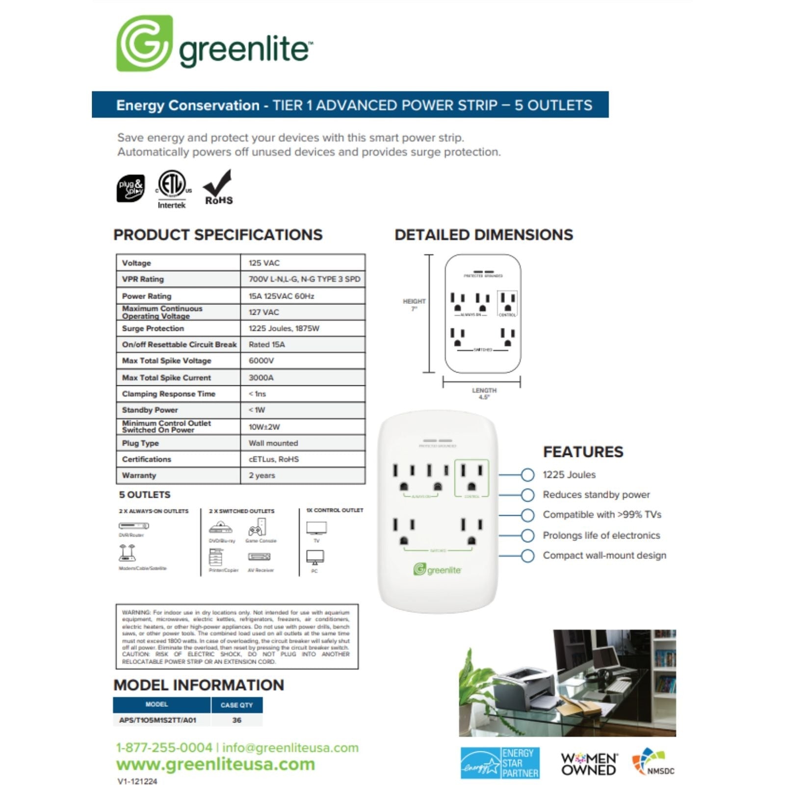 Smarthome Greenlite Advanced Power Strip - 5 Port/Outlet - Brand New Sealed