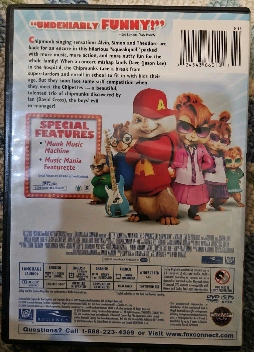 Alvin & the Chipmunks + Squeakquel (2- DVDs)  Tested. New Cases. Resealed
