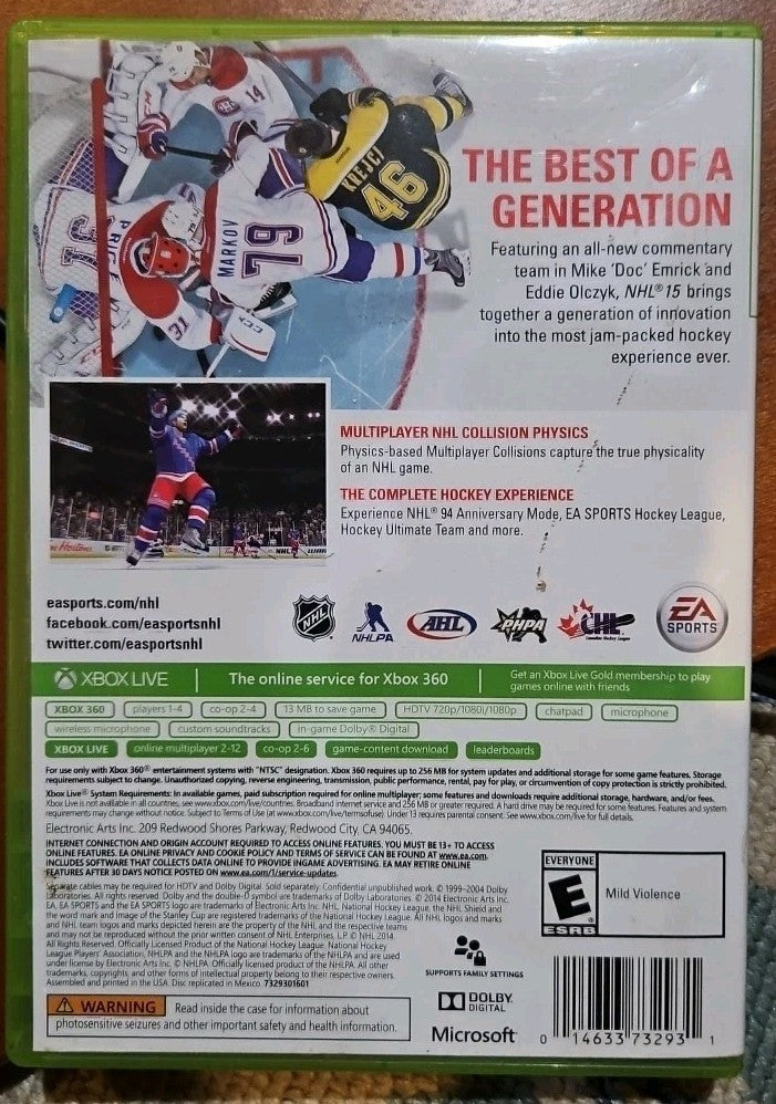 NHL 15 (Microsoft Xbox 360, 2014) Tested. No Scratches. New Case. Resealed
