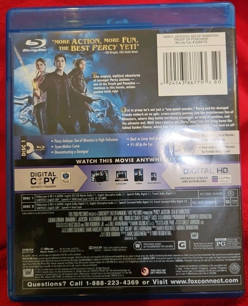 Percy Jackson: Sea of Monsters (Blu-ray/DVD, 2-Disc)  No Digital Download. New