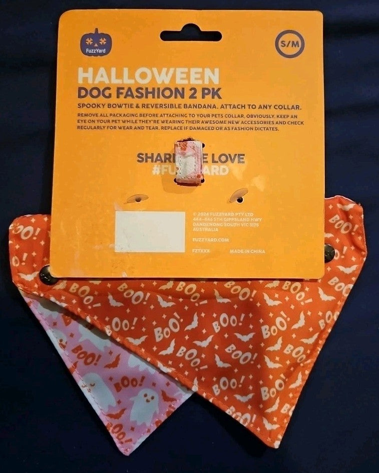 Halloween Dog Fashion 2 Pk Boo! Bow Tie And Reversible Bandana - New