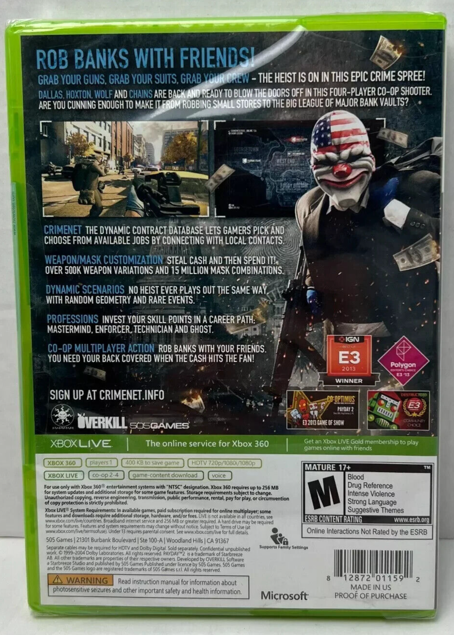 Payday 2 - Xbox 360 - CIB. TESTED. NO SCRATCHES. NEW CASE. RESEALED.