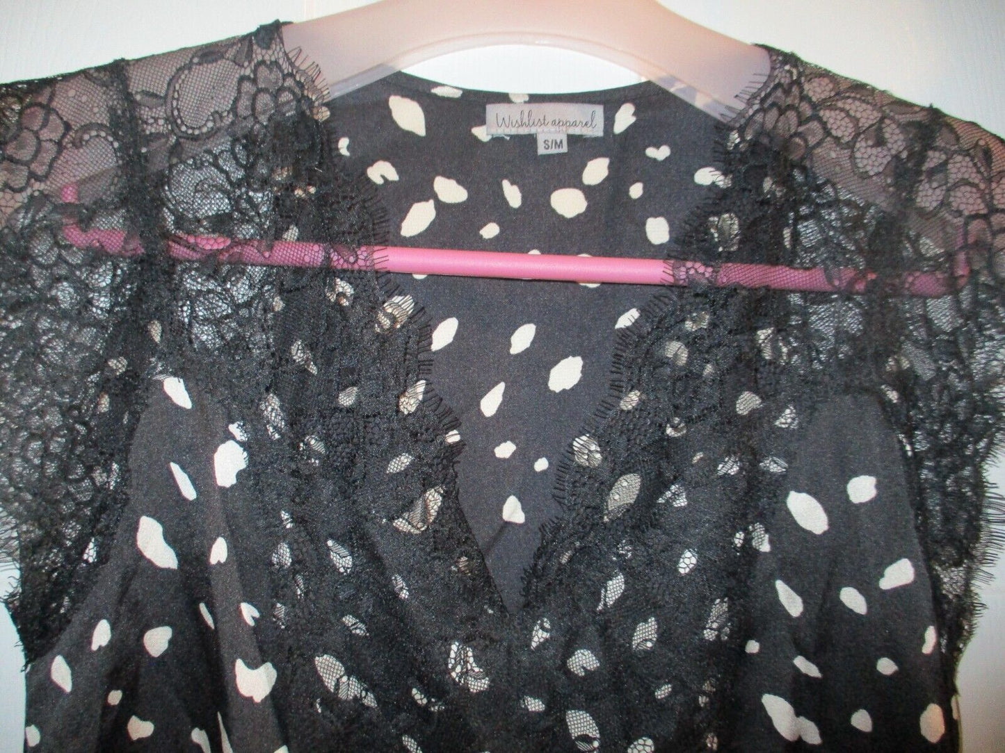 Wishlist Apparel S/M Black & Cream Spot Blouse with Lace Cap Sleeve & Neck NEW