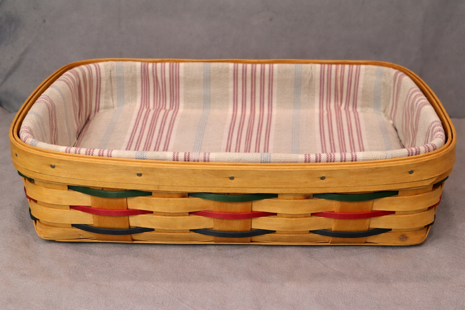 1999 Longaberger Cracker Basket Woven Red Green Blue + Green & Awning Liners