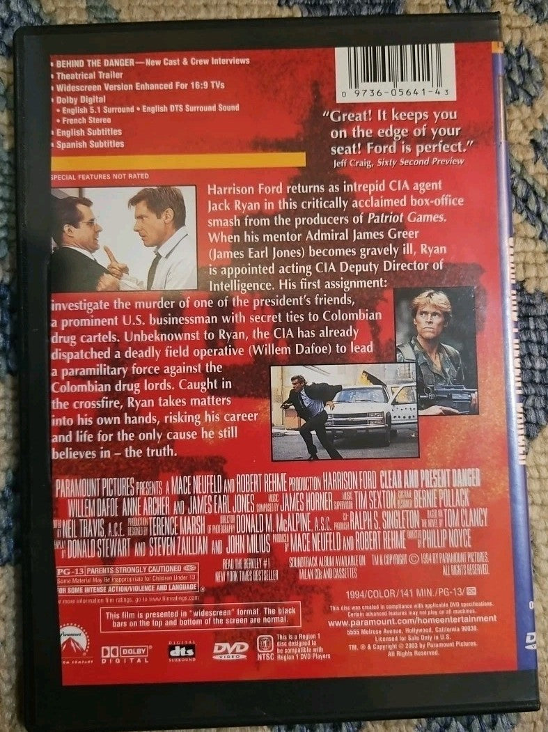 Clear and Present Danger (DVD, 1994) Slim Case. Tested. Cropped Artwork