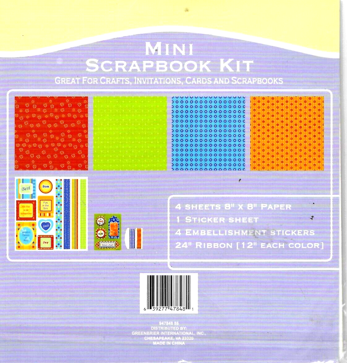 Mini Scrapbook Kit 4 Sheets 8 x 8 - Sticker Sheet - Raised Stickers - Ribbons