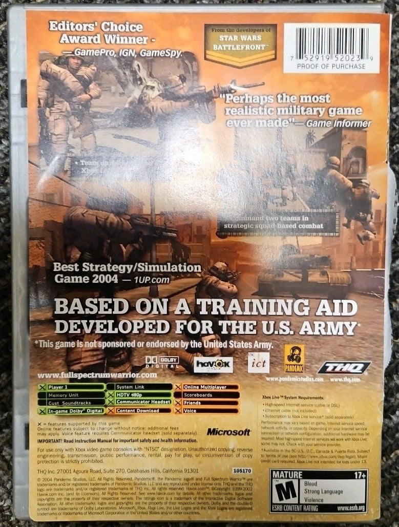 Full Spectrum Warrior (Xbox) Platinum Hits. Tested. No Scratches. New Case