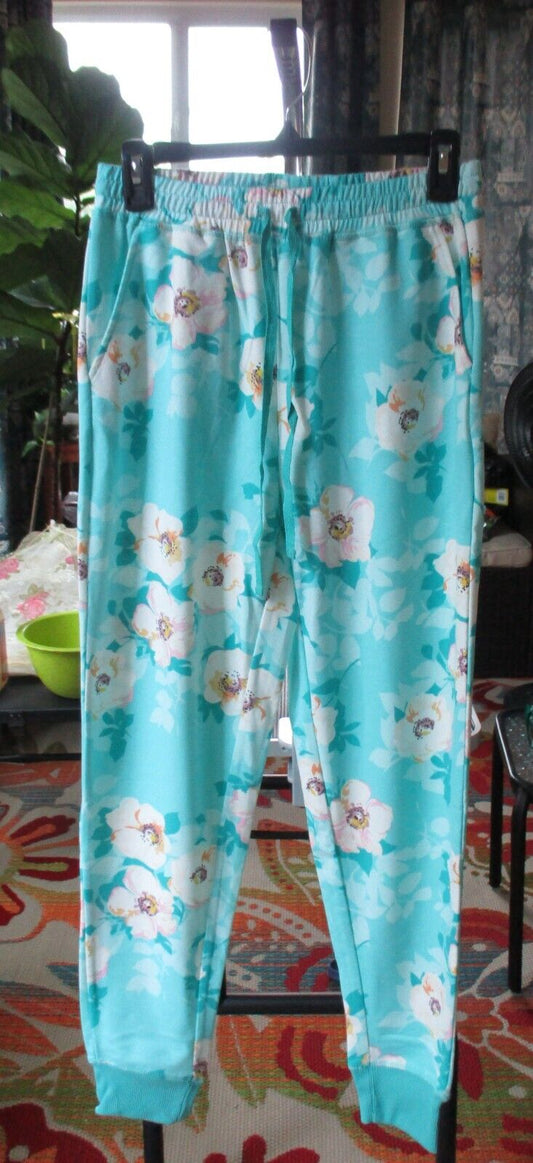 LuLaRoe NWOT SMALL Jax Aqua with White and Pink Floral Joggers Sweatpants