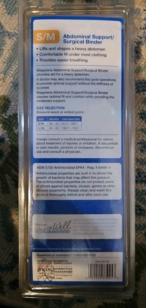 Abdominal Support Surgical Binder Walgreens Moderate Support S/M Anti-microbial