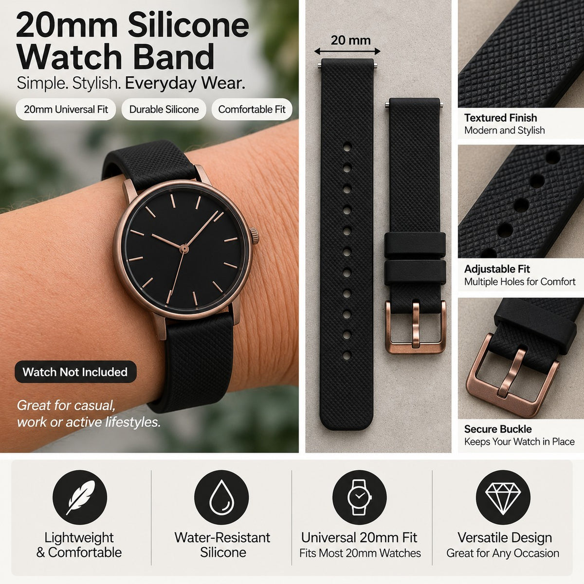 20mm Grey Textured Silicone Watch Band Rose Gold Tone Buckle Replacement Strap