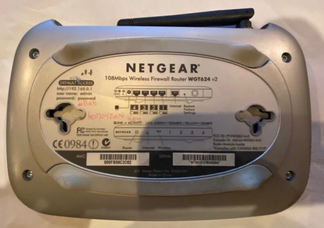 Netgear WGT624 v2 108 Mbps 4-Port 10/100 Wireless G Router