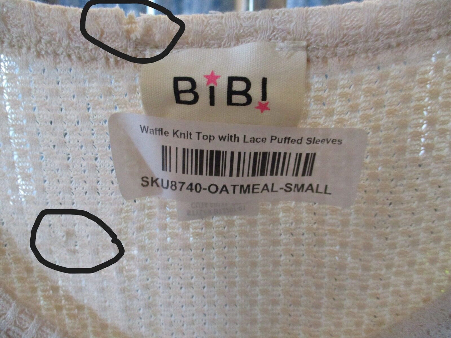 BiBi Oatmeal Waffle Knit Top with Lace Puffed Sleeve SMALL w/ Flaws