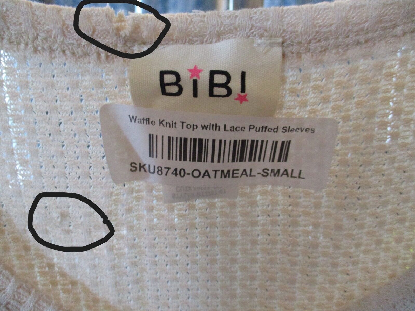 BiBi Oatmeal Waffle Knit Top with Lace Puffed Sleeve SMALL w/ Flaws