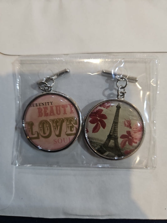 Serenity, Beauty, Love + Eiffel Tower/Roses Pendants (1.25" each)