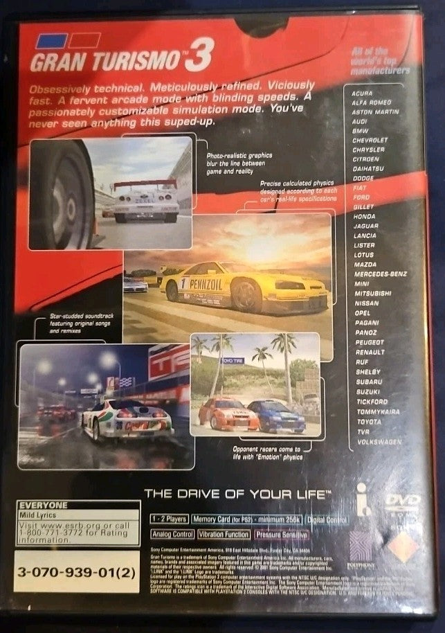 Gran Turismo 3 A-spec Video Game (PS2) No Game. Case + Artwork + Manual ONLY