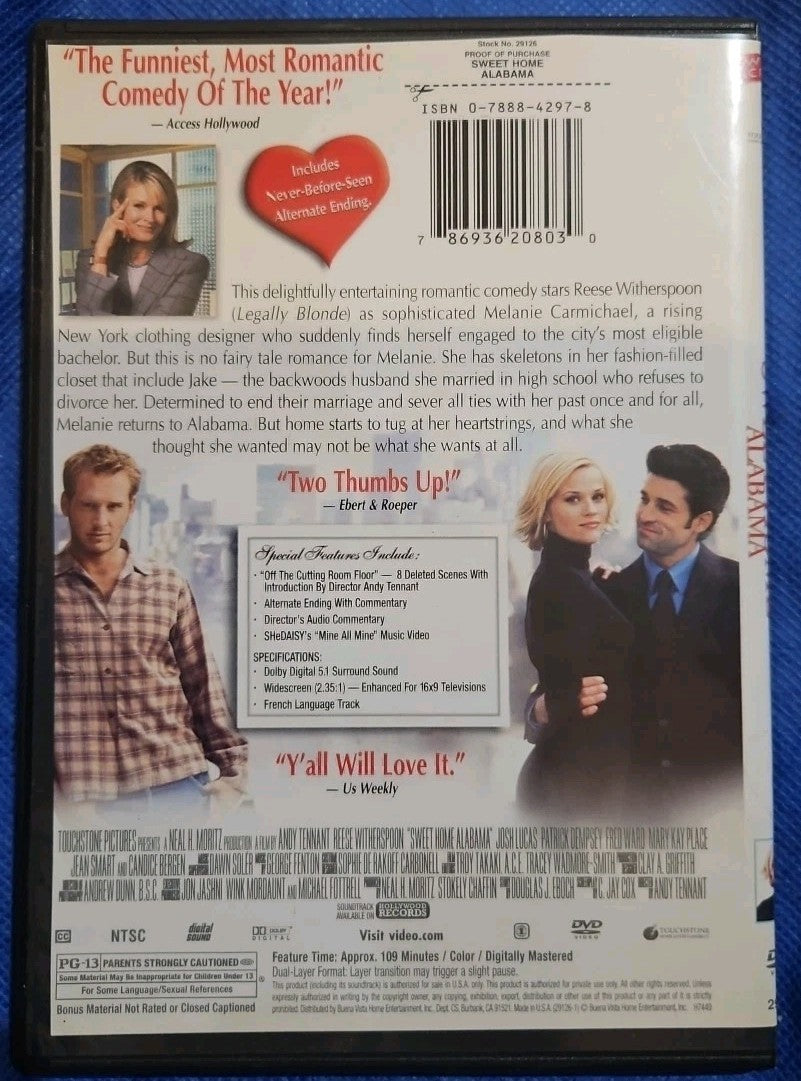 Sweet Home Alabama (DVD, 2002) Artwork Cropped. Slim Case. Tested