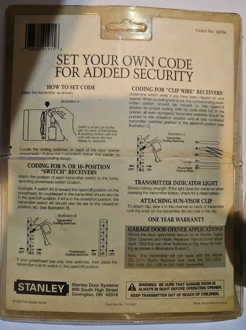 NOS Stanley Garage Door Opener Remote w/ Clip Hand Transmitter One Button #24706