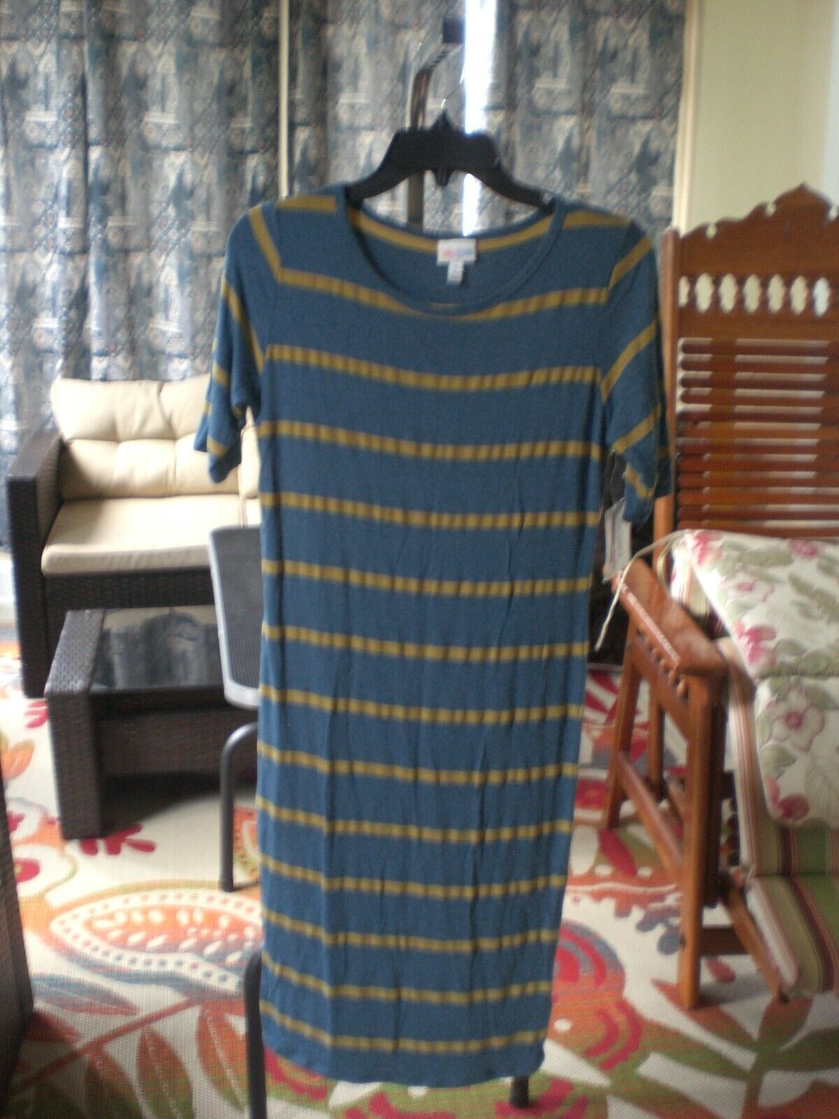 NWT Lularoe Julia Dress SMALL Aegean Blue and Mustard Stripe