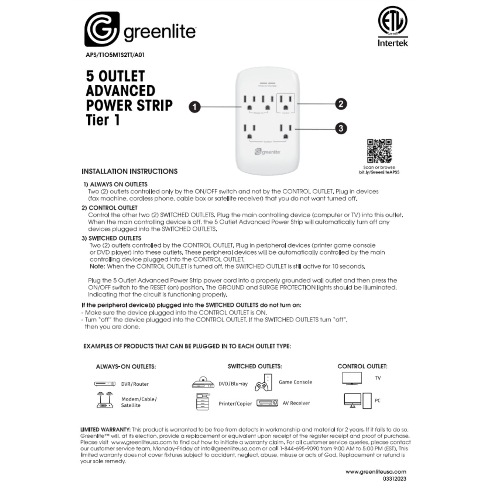 Smarthome Greenlite Advanced Power Strip - 5 Port/Outlet - Brand New Sealed