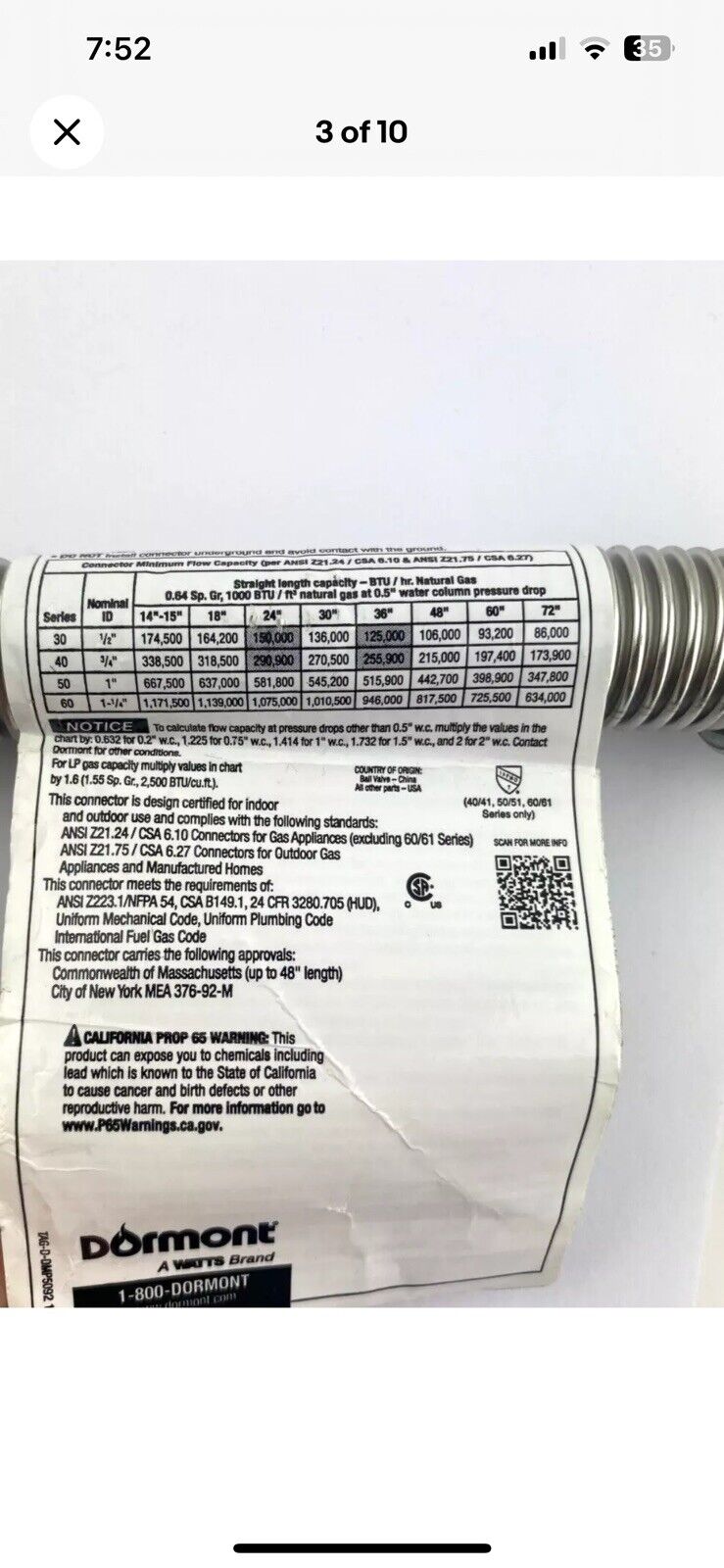 Dormont 376-92-M Stainless Steel Gas Connector 3/4” X 14” Male / Male New
