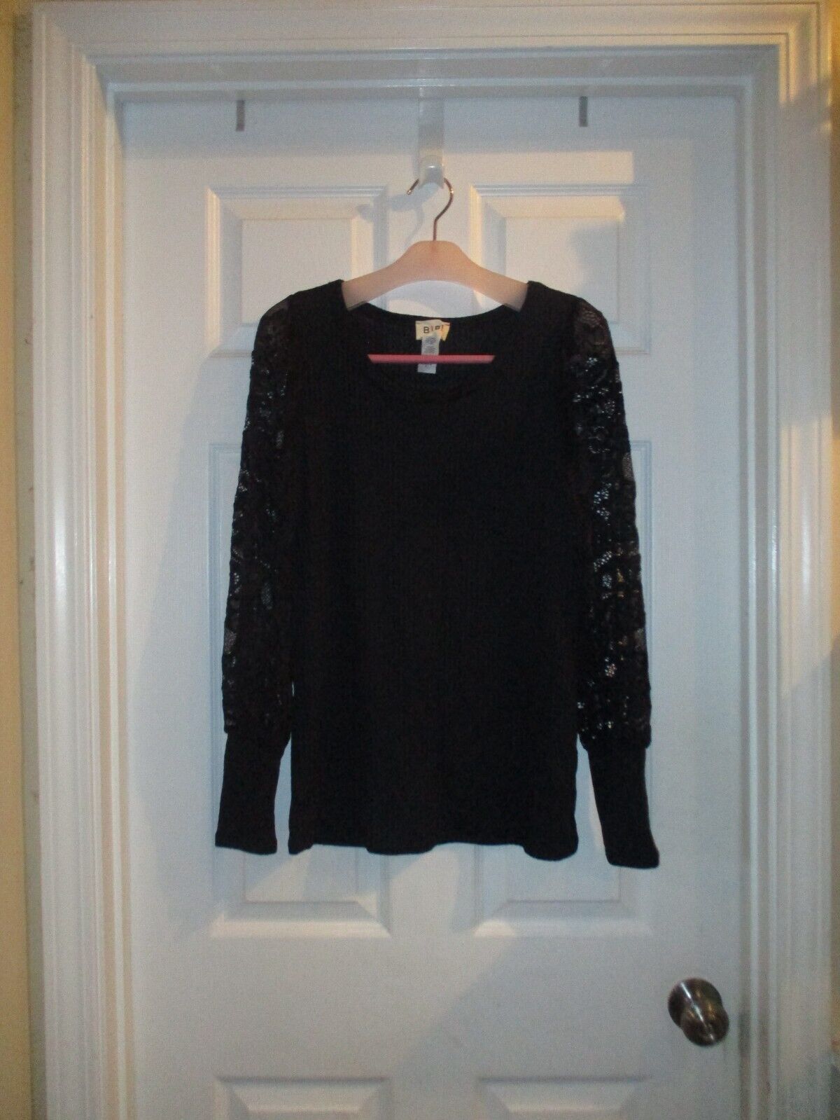 BiBi Small Black Waffle Knit Top with Lace Puffed Long Sleeves NEW